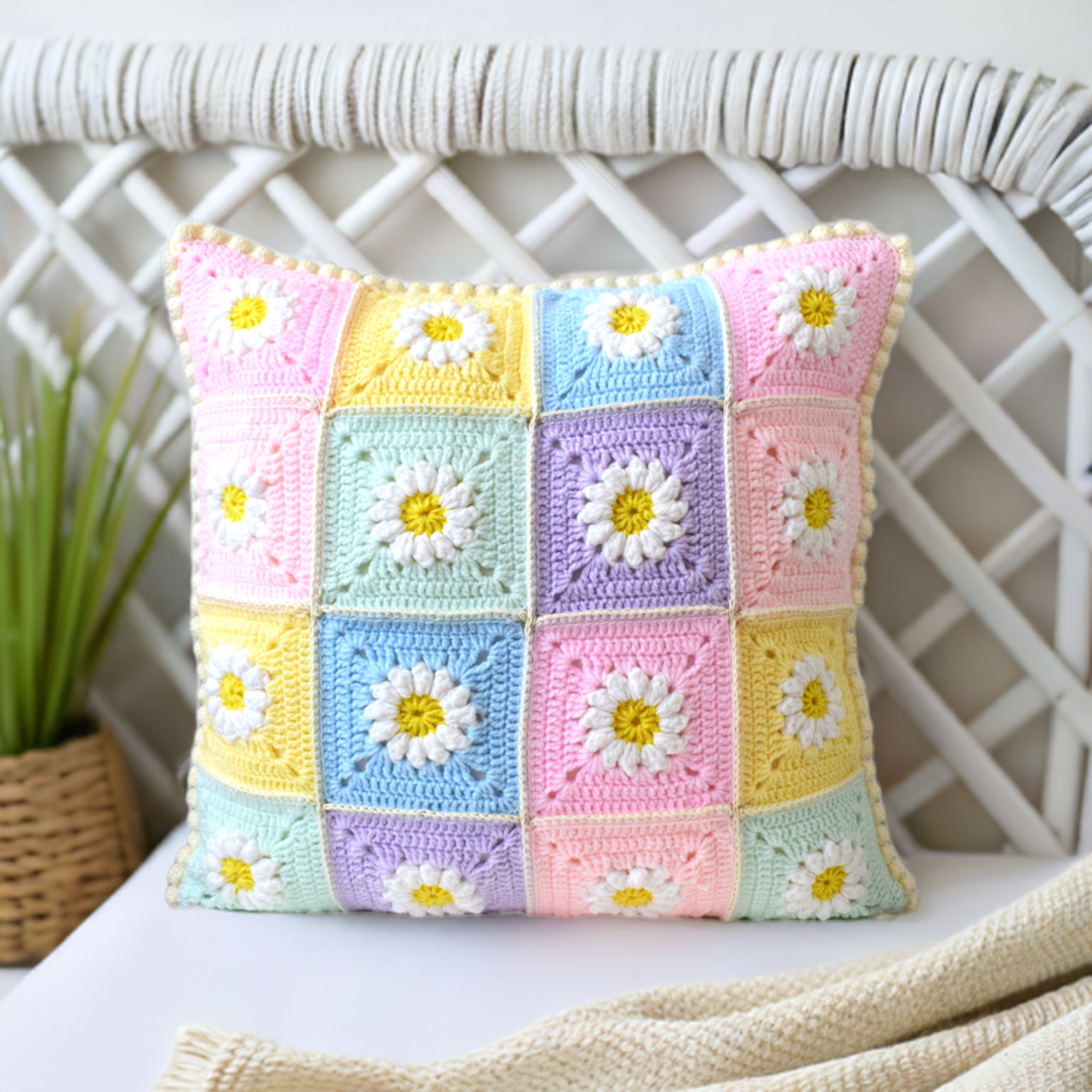 just cushions crochet daisy cushion handmade in the uk  white blue pink yellow lilac with bobbles around the edge