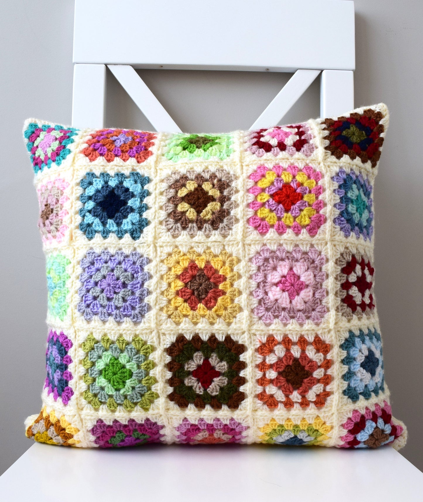 just cushions hand crochet cushion colourful granny squares filled cushion handmade in the uk