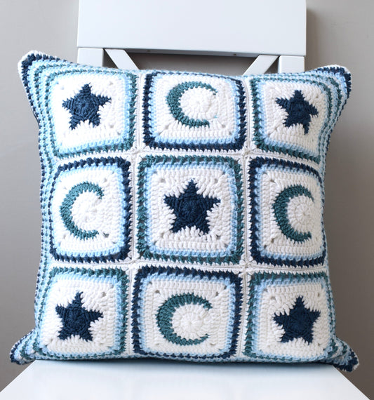 just cushions hand crochet cushion moon and stars granny squares cushion shades of blue with white handmade in the uk