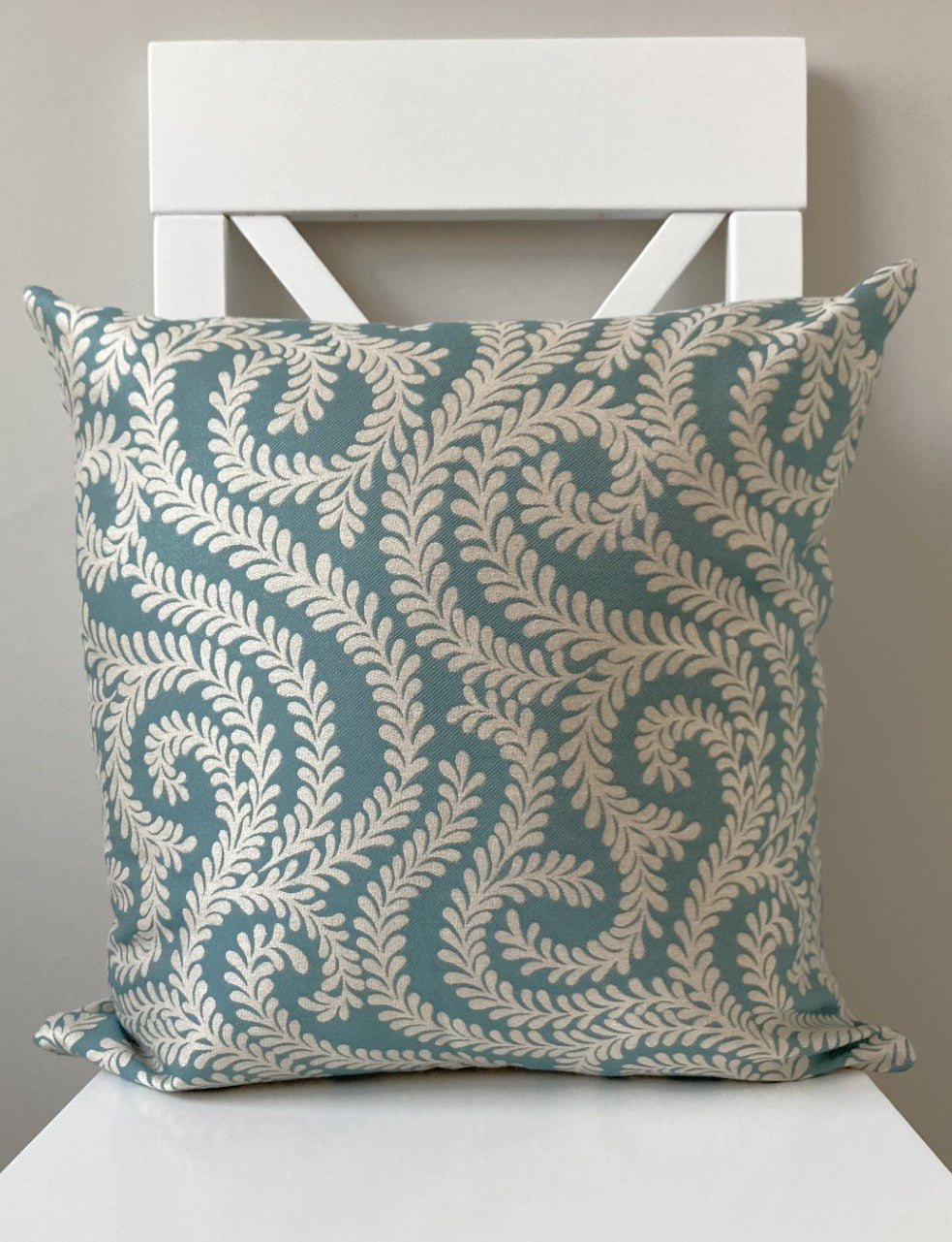 just cushions little leaf patterned cushion handmade in the uk cream bue green teal