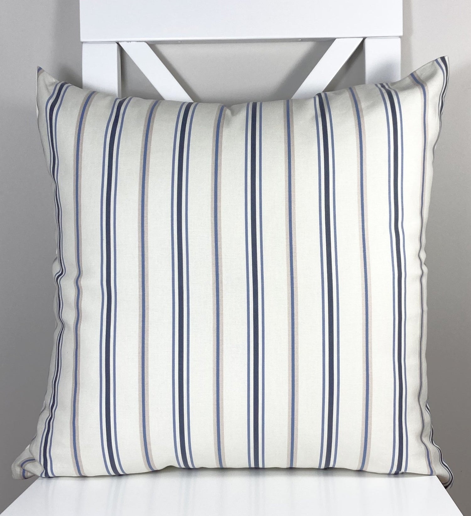 just cushions salcombe stripe cushion sustainable cotton handmade in the uk multi coloured stripe grey navy cream