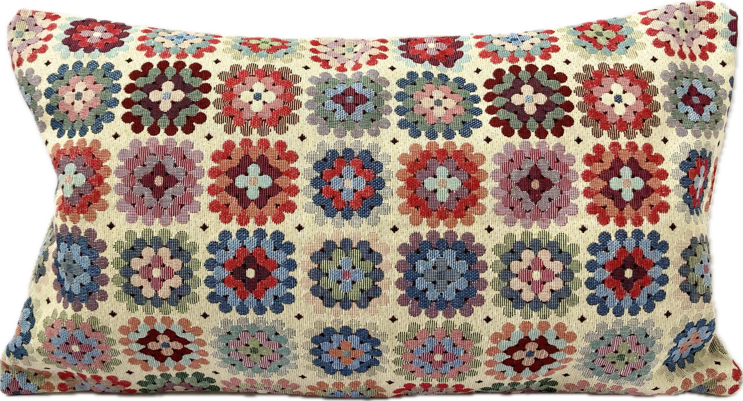 just cushions tapestry cushion colourful granny squares crochet effect on cream background oblong cushions handmade in the uk