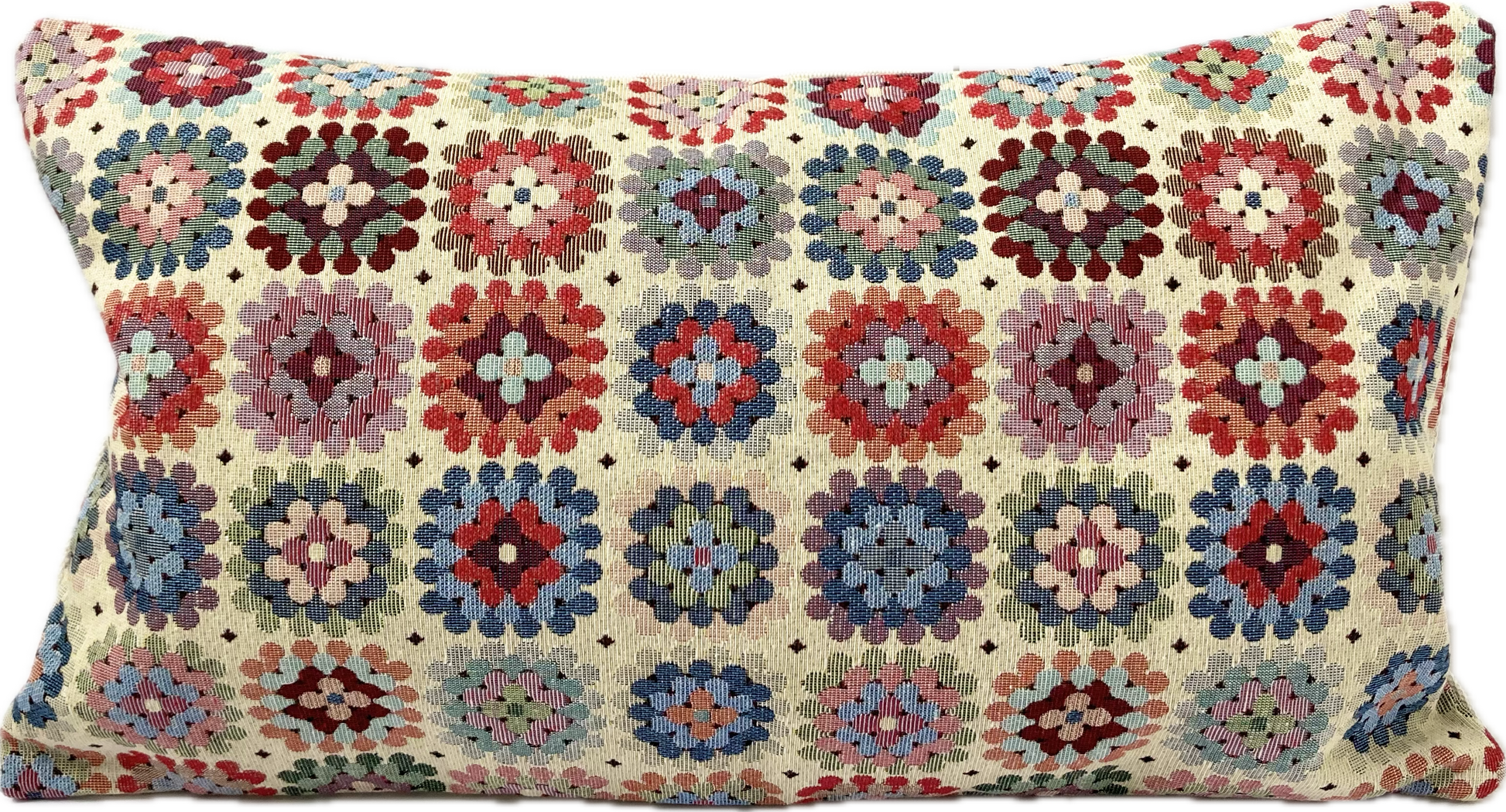 just cushions tapestry cushion colourful granny squares crochet effect on cream background oblong cushions handmade in the uk