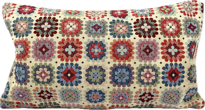 just cushions tapestry cushion colourful granny squares crochet effect on cream background oblong cushions handmade in the uk