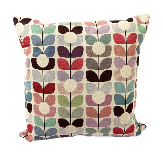 just cushions tapestry cushion colourful geometric flowers on stems cream background large square cushion made in the uk