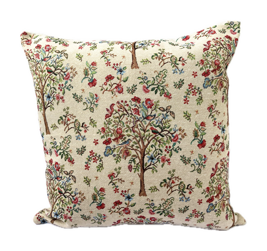 just cushions tapestry cushion trees with birds and flowers on cream background woven fabric square cushion handmade in the uk