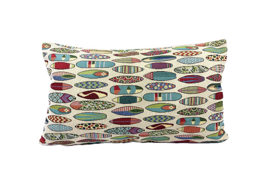 just cushions tapestry cushion colourful surfboards on cream background woven fabric oblong cushions handmade in the uk